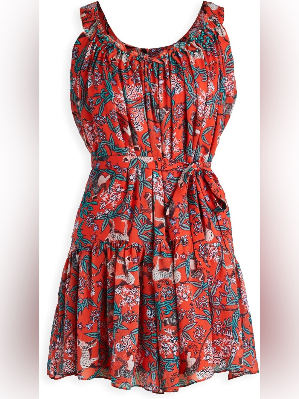 SALONI Red Silk Blend Mini Dress With Lion Print and Beaded Detail